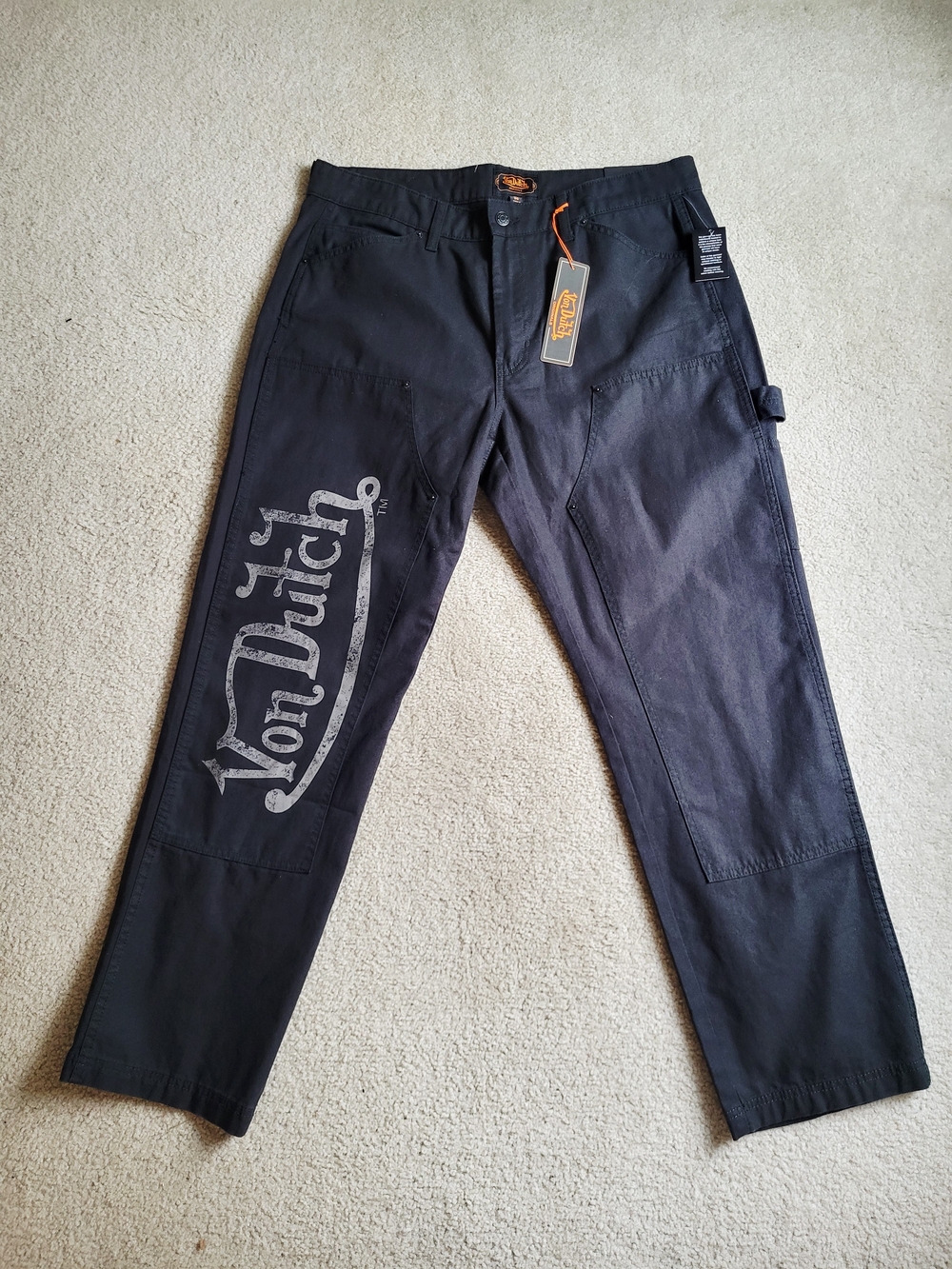Von Dutch Jeans Men's Size 36 Double Knee Patch Graphic 100% Cotton Black Denim